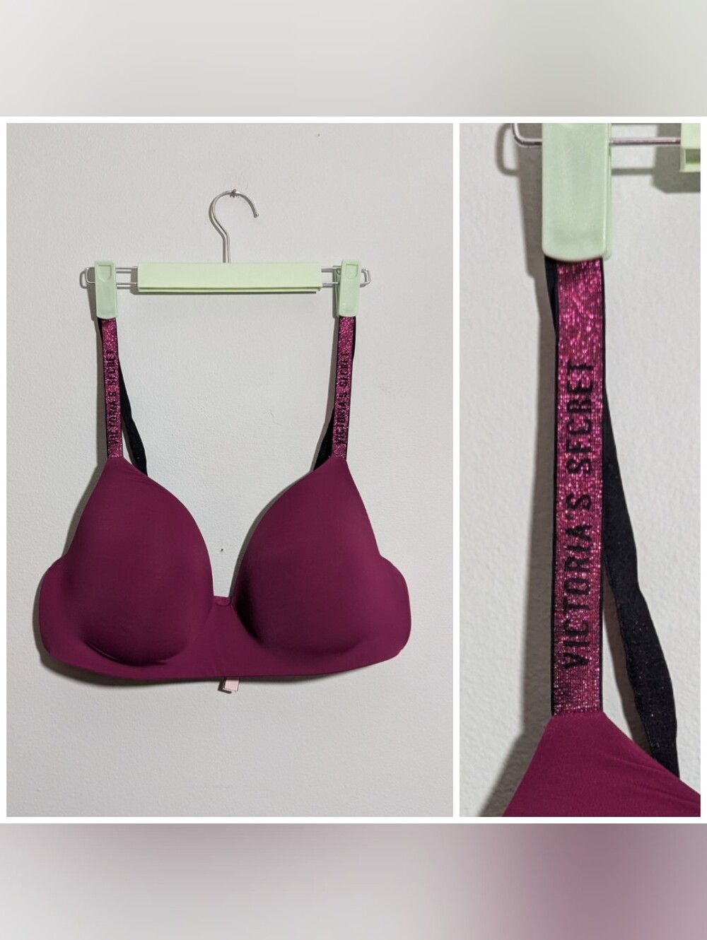 Victorias Secret T-Shirt Lightly Lined Wireless Bra 38D Burgundy Spell Out Strap